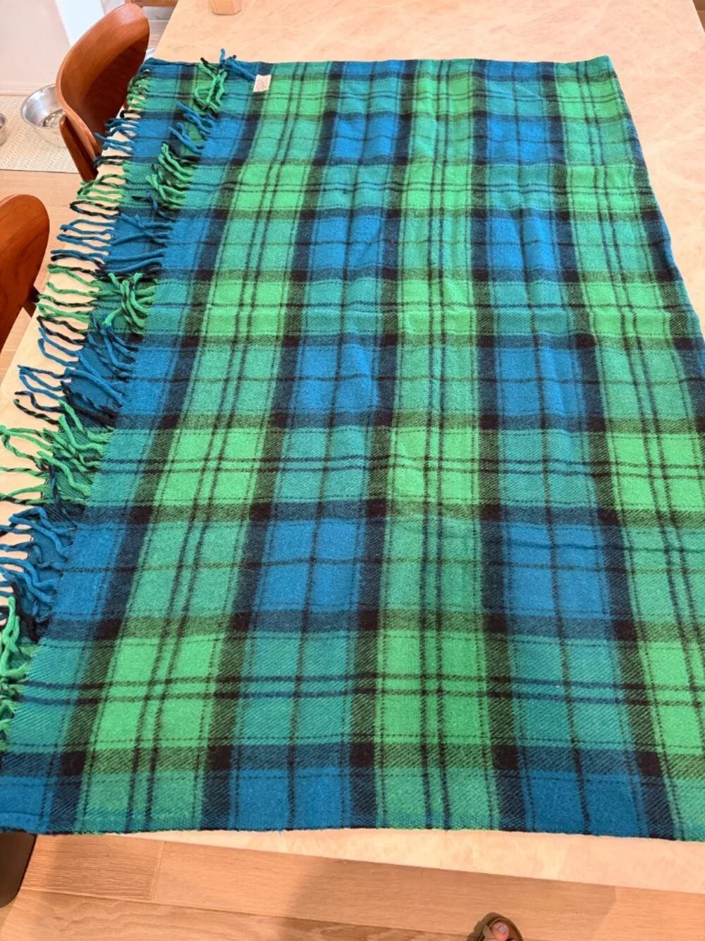 Vintage Faribo Black Watch Plaid Wool Blend Throw Blanket Fringe 70x52 USA